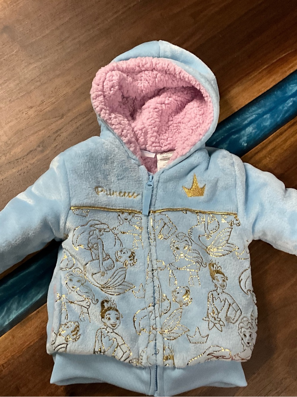 Disney Princess girls blue jacket pink fur Sherpa lined hooded gold trim sz 3T